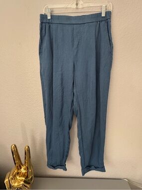 Benetton  Lightweight Linen Blue Casual Cuffed Trousers.  Elastic Waist